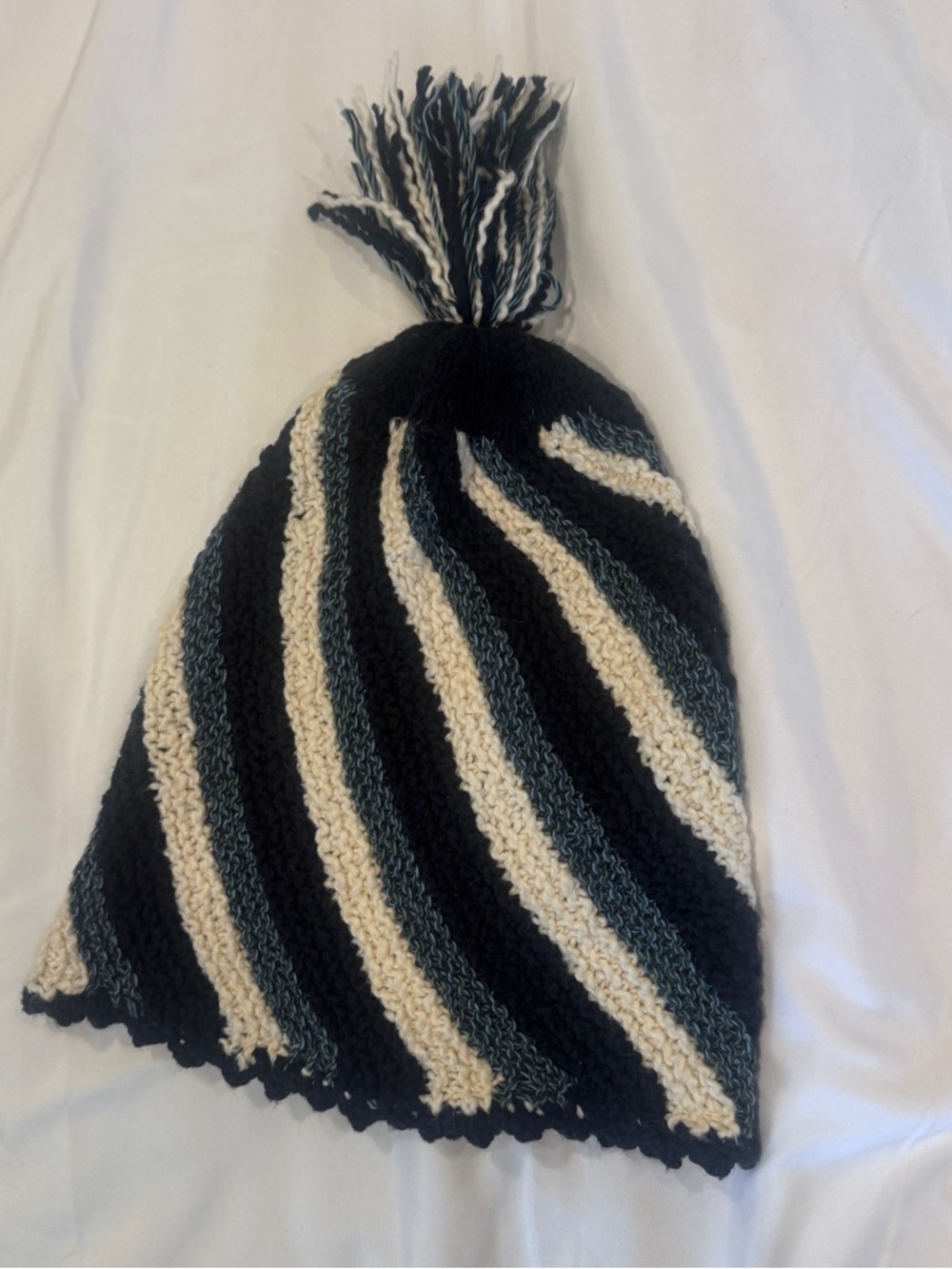 Organic Cotton and Silk Indigenous Striped Knit Slouch Hat in Black Cream & Blue